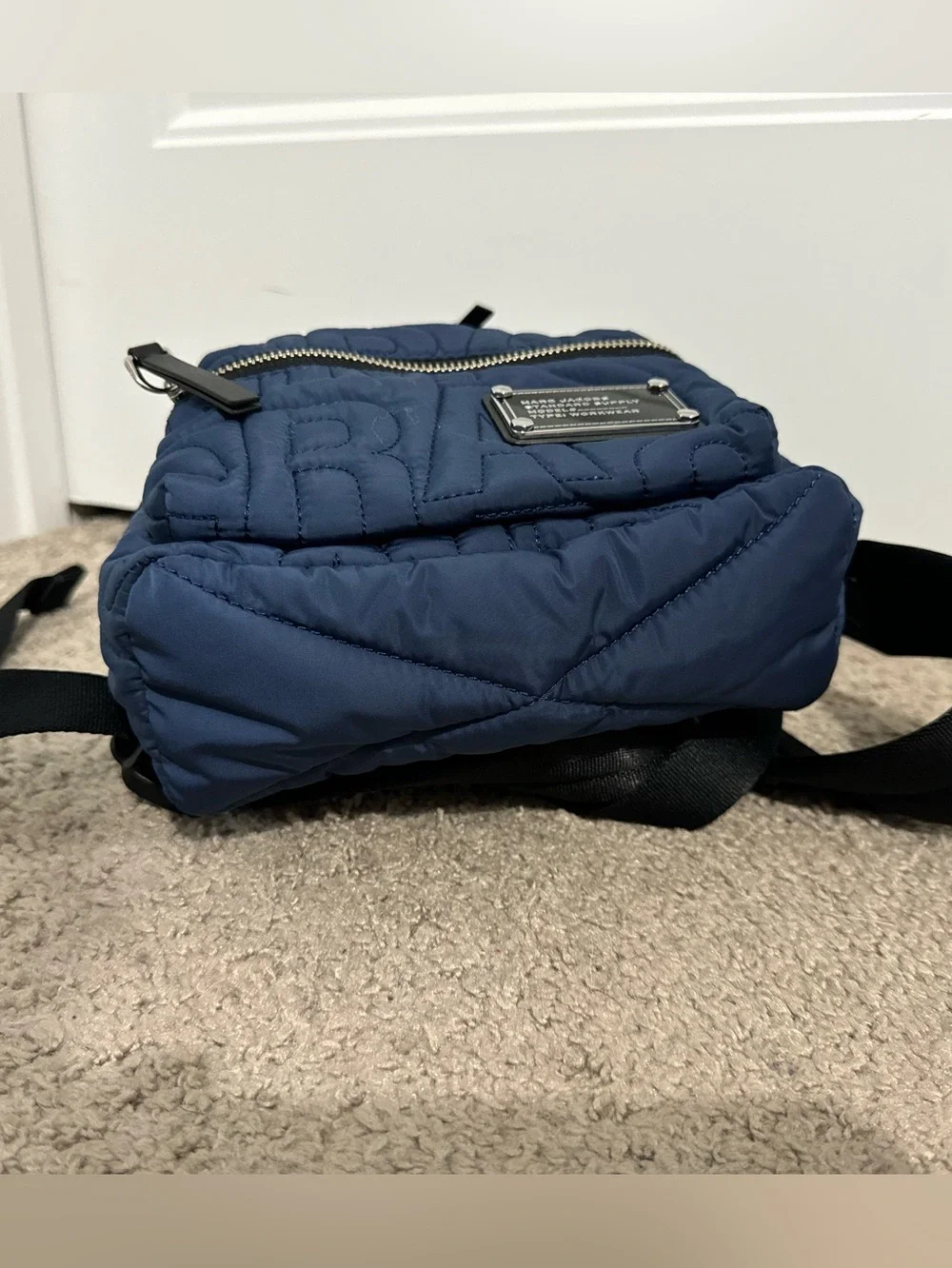 Cool Marc Jacobs navy blue quilted logo medium size backpack new